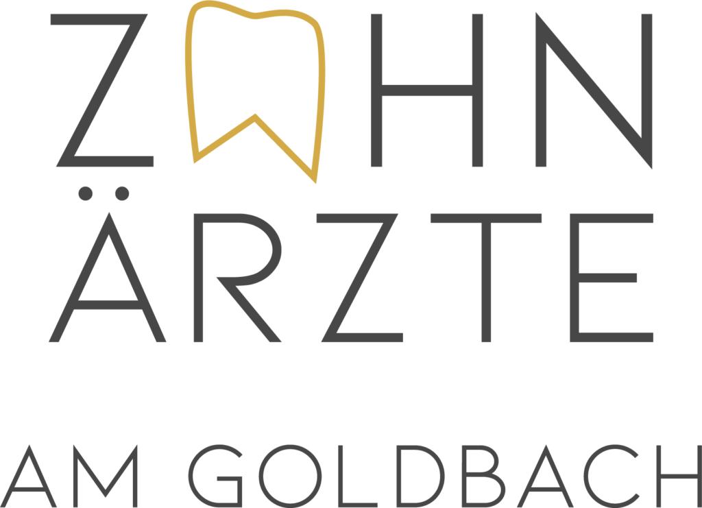 Logo Zahnärzte am Goldbach, Dr. Barbara Lutz, Dr. Mathias Lutz, Logo mit grauer Schrift und goldenem Zahn