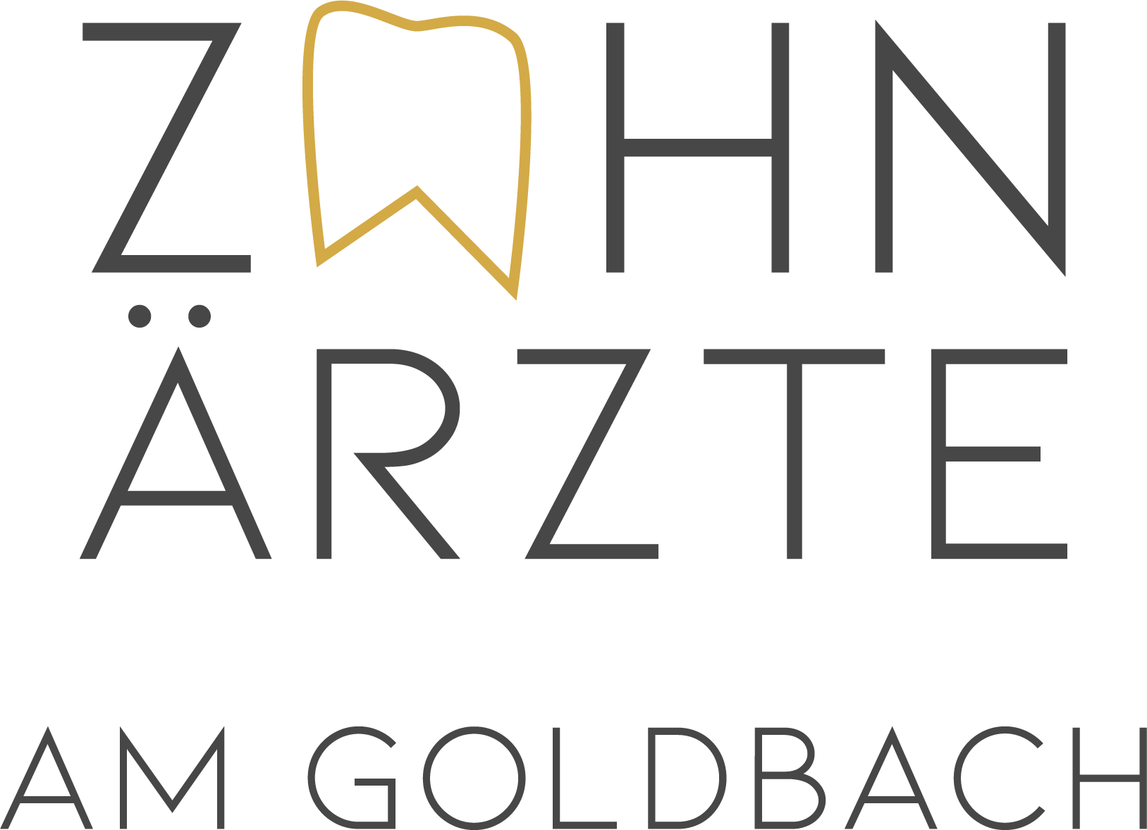 Logo Zahnärzte am Goldbach, Dr. Barbara Lutz, Dr. Mathias Lutz, Logo mit grauer Schrift und goldenem Zahn